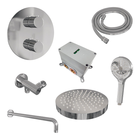 BRAUER Stripe Thermostatische Inbouw Regendouche - 3-weg - rond - SET 41 - 25cm douchekop - gebogen muurarm - 3-standen handdouche - doucheslang - wandaansluitbocht - chroom SW1435186