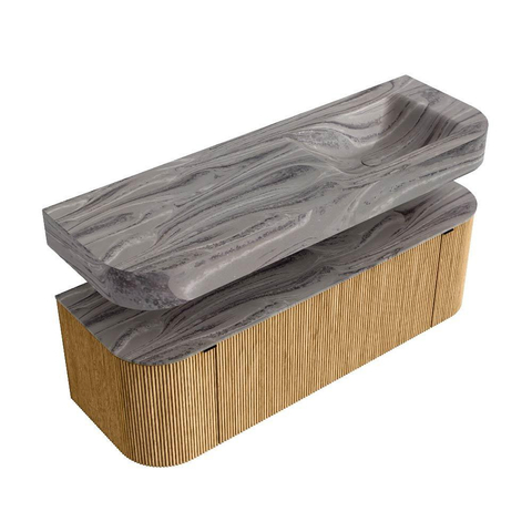 MONDIAZ THOR-DLUX 140cm badmeubel ronding links + rechts kleur Oak met 1 lade en 2 deuren. Vrijhangende wastafel CLOUD Rechts zonder kraangat kleur Sombra. SW1464342