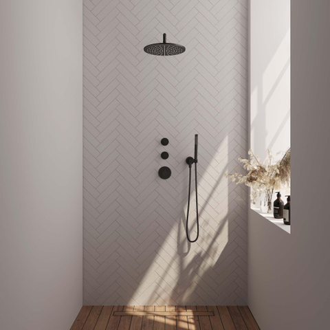 Brauer Black Carving Ensemble de douche de pluie encastré - douche de tête 30cm - bras mural - avec corps encastré - 3 boutons Carving - douchette barre 1 jet - noir mat SW716185