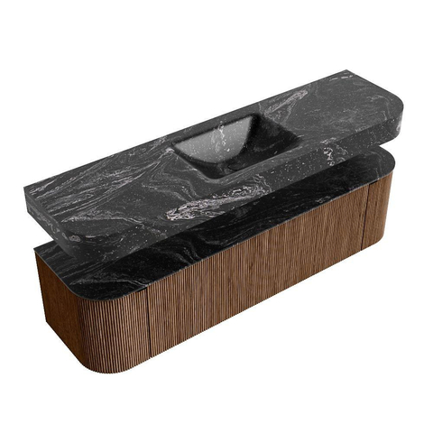 MONDIAZ THOR-DLUX 170cm meuble de salle de bains arrondi gauche + droite couleur Walnut avec 1 tiroir et 2 portes. Vasque suspendue CLOUD Milieu 1 trou de robinet couleur Lava. SW1465574