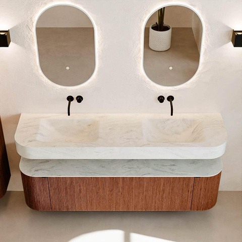 MONDIAZ THOR-DLUX 170cm badmeubel ronding links + rechts kleur Ruby met 1 lade en 2 deuren. Vrijhangende wastafel CLOUD Dubbel zonder kraangat kleur Opalo. SW1465484