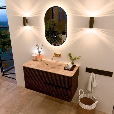 Mondiaz CIRO-DLUX Badkamermeubelset - 100x45x50cm - Solid surface wastafel Arena - 1 wasbak Midden - zonder kraangaten - 2 lades - Walnut SW1530412