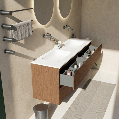Saniclass Holz Pure Ensemble de meubles de salle de bains - 160x45x77.5cm - lavabo Torino en solid surface blanc - sans trou de robinet - 4 tiroirs - walnut pure mat (bois) SW1478692