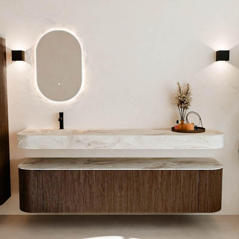 MONDIAZ THOR-DLUX 190cm meuble de salle de bains arrondi gauche + droite couleur Walnut avec 2 tiroirs et 2 portes. Vasque suspendue CLOUD Gauche 1 trou de robinet couleur Frappe. SW1466401