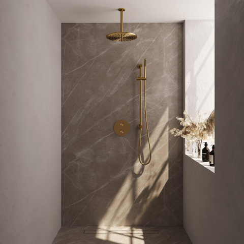BRAUER Gold Edition thermostatische Inbouw Regendouche - 3-weg - rond - set 90 - 30cm hoofddouche - plafondarm - staaf handdouche - doucheslang - geïntegreerde glijstang - goud geborsteld PVD SW1159023
