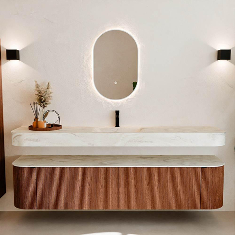 MONDIAZ THOR-DLUX 200cm meuble de salle de bains arrondi gauche + droite couleur Ruby avec 2 tiroirs et 2 portes. Vasque suspendue CLOUD Milieu 1 trou de robinet couleur Ostra. SW1467017
