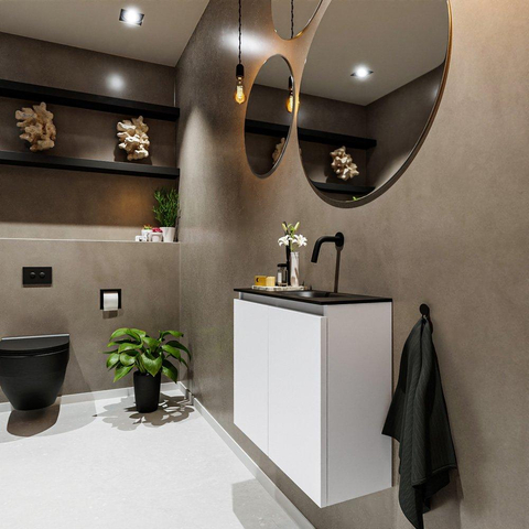 MONDIAZ TURE Toiletmeubel 60x23x50cm met 0 kraangaten 2 deuren talc mat Wastafel Eden rechts Solid Surface Zwart SW475235