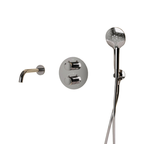 Fortifura Calvi Badkraan set - uitloop - 22cm inkortbaar - rond bedieningspaneel - gladde slang - ronde handdouche - inbouwdeel - wandhouder - verchroomd chroom SW1408671