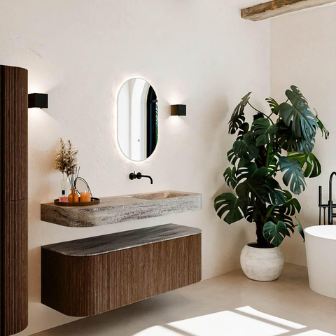 MONDIAZ THOR-DLUX 130cm meuble de salle de bains arrondi gauche + droite couleur Walnut avec 1 tiroir et 2 portes. Vasque suspendue CLOUD droite sans trou de robinet couleur Oza. SW1463992