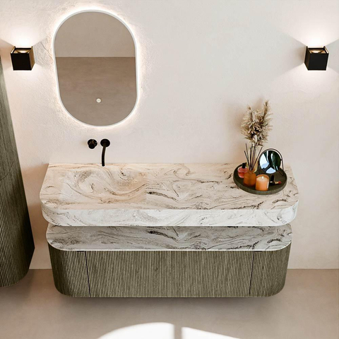MONDIAZ THOR-DLUX 150cm meuble de salle de bains arrondi gauche + droite couleur Shadow avec 1 tiroir et 2 portes. Vasque suspendue CLOUD Gauche sans trou de robinet couleur Glace. SW1464686