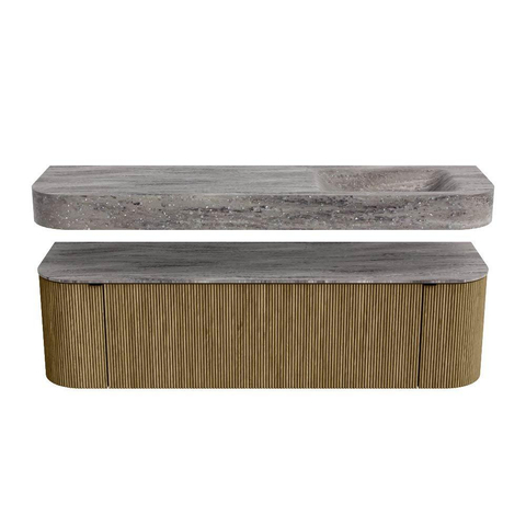 MONDIAZ THOR-DLUX 160cm meuble de salle de bains arrondi gauche + droite couleur Dusk avec 1 tiroir et 2 portes. Vasque suspendue CLOUD Droite 1 trou de robinet couleur Oza. SW1465308