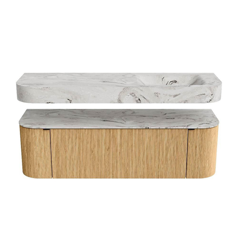 MONDIAZ THOR-DLUX 150cm badmeubel ronding links + rechts kleur Oak met 1 lade en 2 deuren. Vrijhangende wastafel CLOUD Rechts zonder kraangat kleur Glace. SW1464593