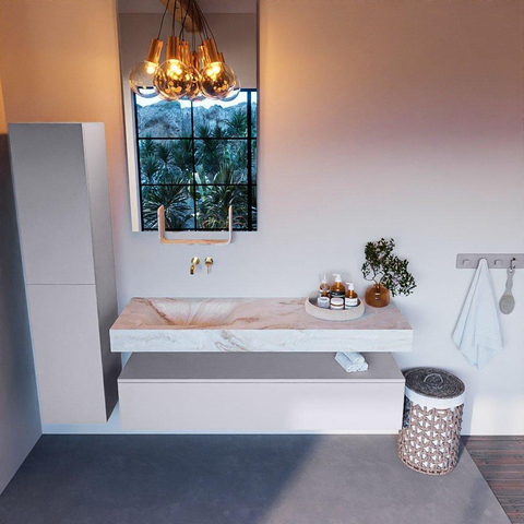 Mondiaz ALAN-DLUX Ensemble de meuble - 150cm - meuble Cale mat - 1 tiroir - Lavabo Cloud Frappe suspendu - vasque Gauche - 0 trous de robinet SW804989