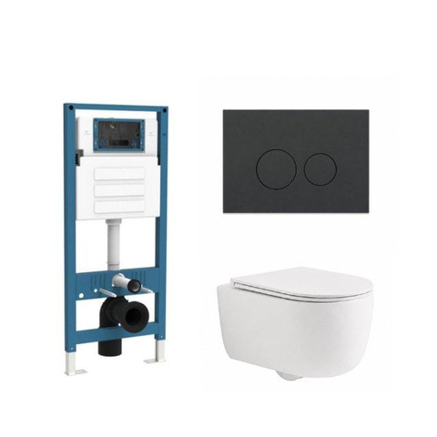 QeramiQ Dely Swirl Ensemble de toilettes - réservoir encastré QeramiQ Flush - abattant slim - plaque de commande en plastique anthracite mat - boutons ronds - blanc mat SW1578405