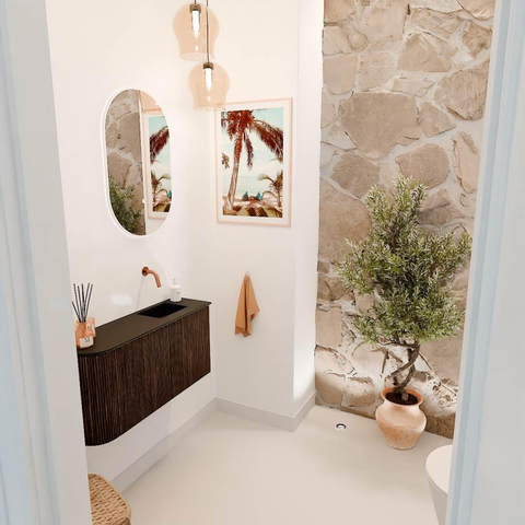 Mondiaz JOYA 81.6cm meuble de toilette - arrondi gauche couleur Walnut - Vasque FAYE position Droite Sans trou de robinet couleur Urban. SW1421351