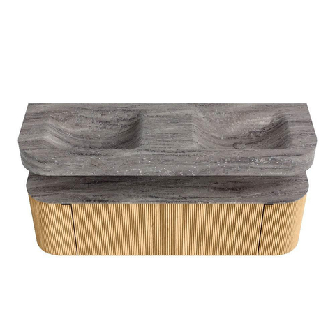 MONDIAZ THOR-DLUX 150cm meuble de salle de bains arrondi gauche + droite couleur Oak avec 1 tiroir et 2 portes. Vasque suspendue CLOUD Double 2 trous de robinet couleur Oza. SW1464864