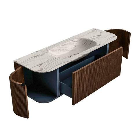 MONDIAZ KURVE-DLUX 140cm badmeubel ronding Links + Rechts kleur Walnut met 1 lade en 2 deuren. Wastafel BIG SMALL Midden 1 kraangat Nata. SW1432185