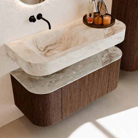 MONDIAZ THOR-DLUX 110cm badmeubel ronding links + rechts kleur Walnut met 1 lade en 2 deuren. Vrijhangende wastafel CLOUD Links zonder kraangat kleur Frappe. SW1462788