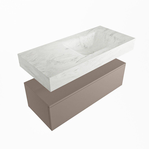 Mondiaz ALAN-DLUX Ensemble de meuble - 100cm - meuble Smoke mat - 1 tiroir - Lavabo Cloud Opalo suspendu - vasque Droite - 0 trous de robinet SW806523