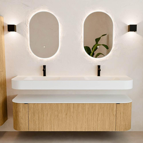 MONDIAZ THOR Meuble de salle de bains 170cm arrondi gauche + droite couleur Oak avec 1 tiroir et 2 portes. Vasque suspendue CLOUD Double 2 trous de robinet couleur Talc. SW1465443