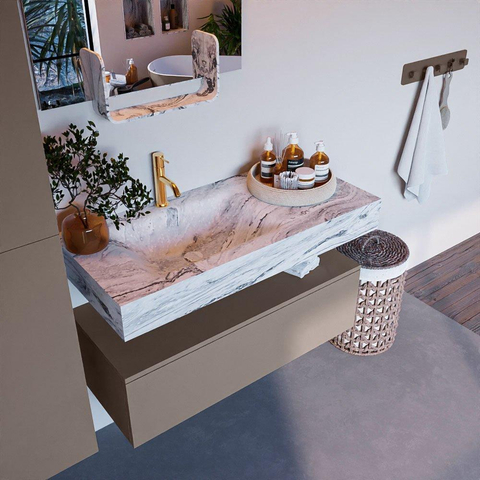 Mondiaz ALAN-DLUX Ensemble de meuble - 100cm - meuble Smoke mat - 1 tiroir - Lavabo Cloud Glace suspendu - vasque Gauche - 1 trou de robinet SW805779