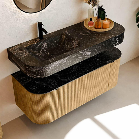 MONDIAZ THOR-DLUX 120cm meuble de salle de bains arrondi gauche + droite couleur Chêne avec 1 tiroir et 2 portes. Vasque suspendue CLOUD Gauche 1 trou de robinet couleur Lava. SW1463083