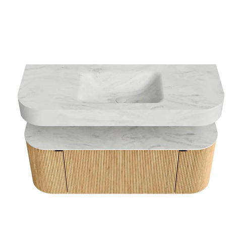MONDIAZ THOR-DLUX 120cm meuble de salle de bains arrondi gauche + droite couleur Oak avec 1 tiroir et 2 portes. Vasque suspendue CLOUD Milieu sans trou de robinet couleur Opalo. SW1463079