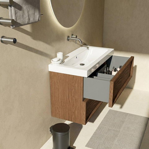 Saniclass Holz Frame Badkamermeubelset - 100x45x67.5cm - Wave keramische wastafel - 1 wasbak - zonder kraangat - 2 lades - mat walnut pure (hout) SW1579759