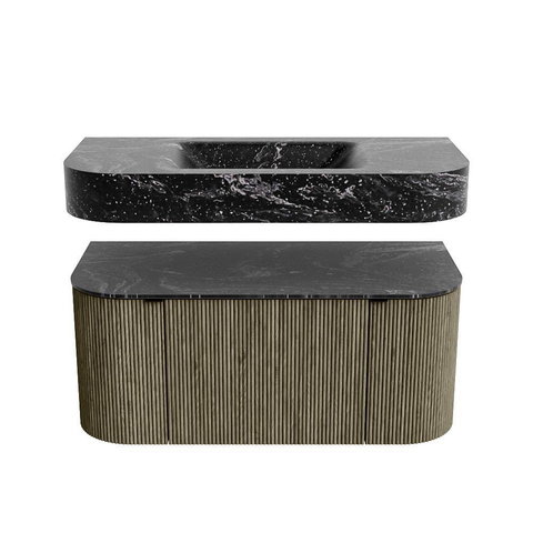 MONDIAZ THOR-DLUX 100cm meuble de salle de bains arrondi gauche + droite couleur Shadow avec 1 tiroir et 2 portes. Vasque suspendue CLOUD Milieu 1 trou de robinet couleur Lava. SW1467583