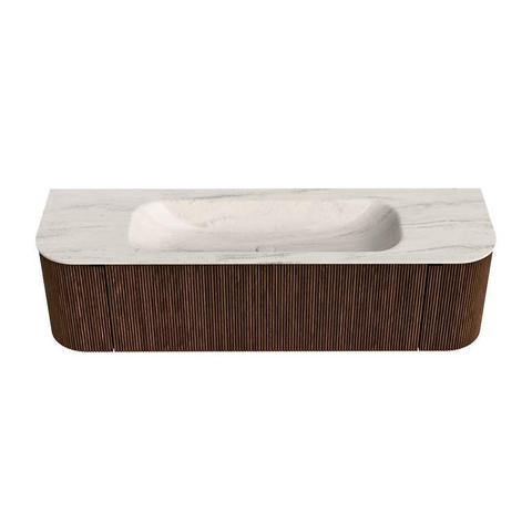 MONDIAZ KURVE-DLUX 160cm badmeubel ronding Links + Rechts kleur Walnut met 1 lade en 2 deuren. Wastafel BIG MEDIUM Midden 1 kraangat Meli. SW1431703