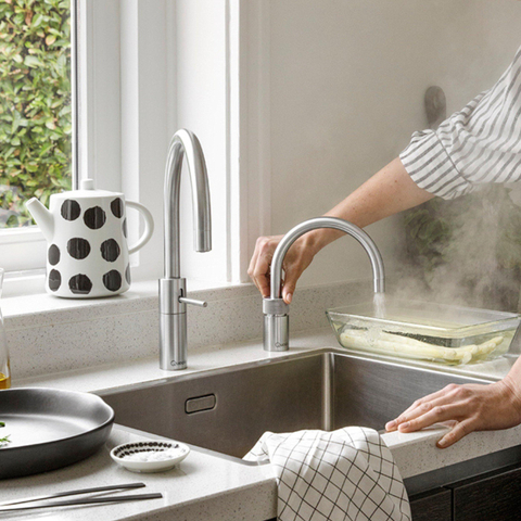 Quooker Nordic Round Twintaps kokendwaterkraan - draaibare uitloop - Combi incl. Cube reservoir - Warm / kokend water - RVS SW299698