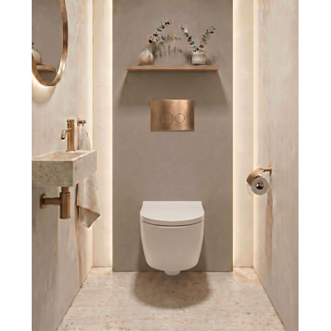 QeramiQ Dely Swirl Pack WC - 36.3x51.7cm - à fond creux - sans bride - réservoir attenant Geberit UP720 Duofix Sigma - assise 35mm - plaque de déclenchement en cuivre - boutons ronds - blanc mat SW1413919