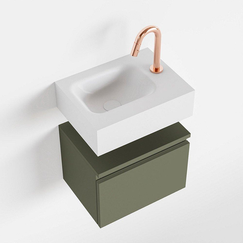 MONDIAZ ANDOR Toiletmeubel 40x30x30cm met 1 kraangaten 1 lades army mat Wastafel Lex links Solid Surface Wit SW474045