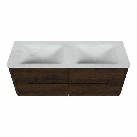Mondiaz CIRO-DLUX Badkamermeubelset - 130x45x50cm - Solid surface wastafel Opalo - 2 wasbak Dubbel - 2 kraangaten - 4 lades - Walnut SW1530515