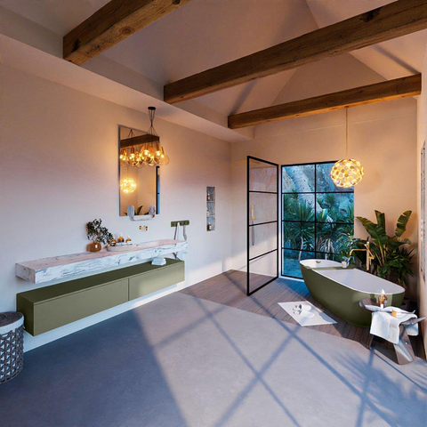 Mondiaz ALAN-DLUX Ensemble de meuble - 200cm - meuble Army mat - 2 tiroirs - Lavabo Cloud Glace suspendu - vasque Droite - 0 trous de robinet SW805974