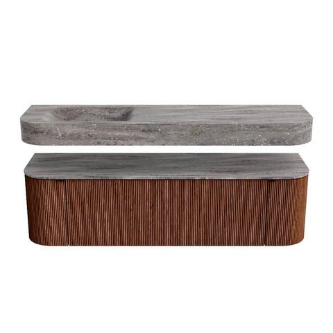 MONDIAZ THOR-DLUX 160cm meuble de salle de bains arrondi gauche + droite couleur Ruby avec 1 tiroir et 2 portes. Vasque suspendue CLOUD Gauche sans trou de robinet couleur Oza. SW1465330