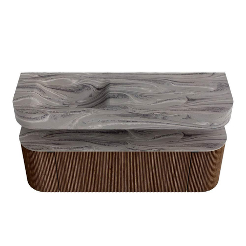 MONDIAZ THOR-DLUX 140cm meuble de salle de bains arrondi gauche + droite couleur Walnut avec 1 tiroir et 2 portes. Vasque suspendue CLOUD Gauche 1 trou de robinet couleur Sombra. SW1464249