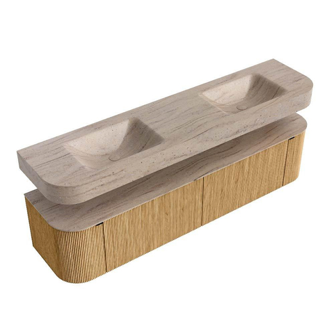 MONDIAZ THOR-DLUX Meuble de salle de bains - 190cm - arrondi gauche + droite - couleur Oak - 2 tiroirs et 2 portes - Vasque suspendue CLOUD Double sans trou de robinet - couleur Saba SW1466661
