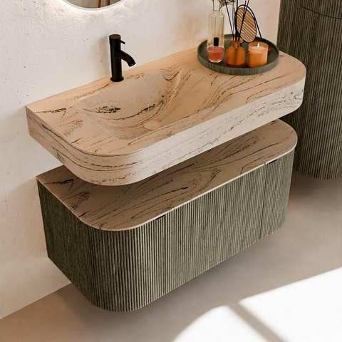 MONDIAZ THOR-DLUX 100cm meuble de salle de bains arrondi gauche + droite couleur Shadow avec 1 tiroir et 2 portes. Vasque suspendue CLOUD Gauche 1 trou de robinet couleur Arena. SW1467465