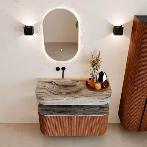 MONDIAZ THOR-DLUX 100cm meuble de salle de bains arrondi gauche + droite couleur Ruby avec 1 tiroir et 2 portes. Vasque suspendue CLOUD Gauche sans trou de robinet couleur Sombra. SW1467625
