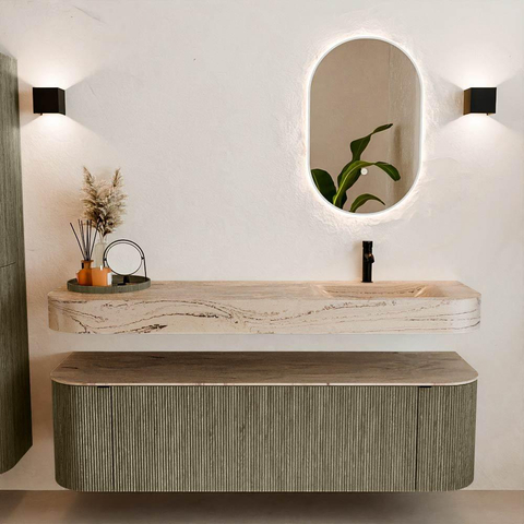 MONDIAZ THOR-DLUX 160cm meuble de salle de bains arrondi gauche + droite couleur Shadow avec 1 tiroir et 2 portes. Vasque suspendue CLOUD Droite 1 trou de robinet couleur Arena. SW1465148
