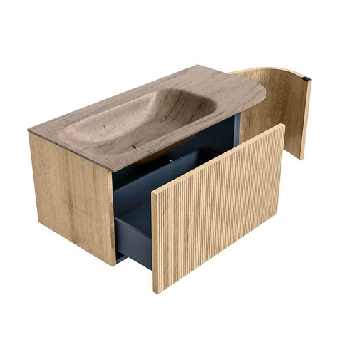 MONDIAZ KURVE-DLUX 95cm badmeubel ronding Rechts kleur Oak met 1 lade en 1 deur. Wastafel BIG SMALL Links 1 kraangat Saba. SW1433056