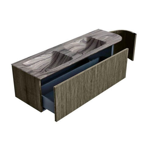 MONDIAZ KURVE-DLUX Meuble de salle de bains 145cm arrondi à droite couleur Shadow avec 1 tiroir et 1 porte. Lavabo LEAF Double / Gauche 2 trous de robinet Sombra. SW1433798