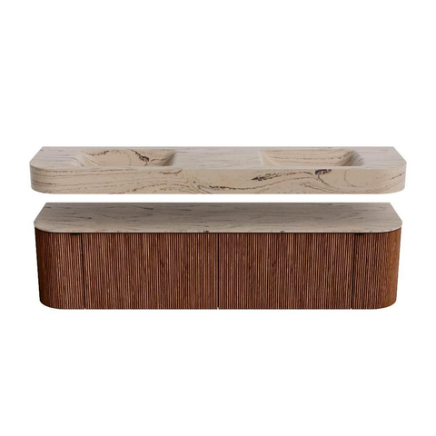 MONDIAZ THOR-DLUX 180cm meuble de salle de bains arrondi gauche + droite couleur Ruby avec 2 tiroirs et 2 portes. Vasque suspendue CLOUD Double sans trou de robinet couleur Arena. SW1466127
