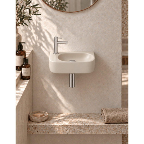 QeramiQ Fuente pack lave-mains – 40 x 21,5 x 12 cm – céramique beige – perçage à gauche – robinet inox brossé SW1232815
