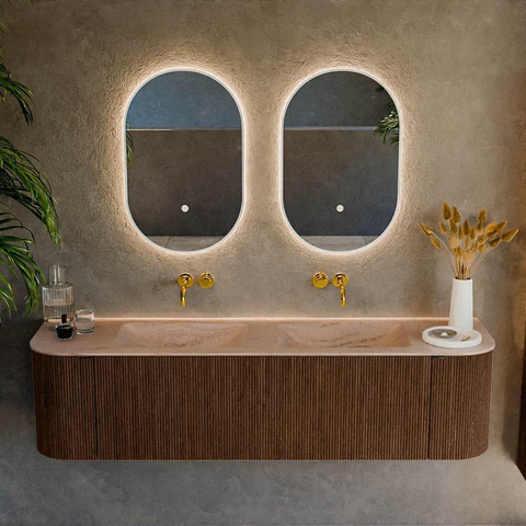 MONDIAZ KURVE-DLUX 170cm meuble de salle de bains arrondi gauche + droite couleur Walnut avec 1 tiroir et 2 portes. Lavabo LEAF double sans trou de robinet Saba. SW1433199