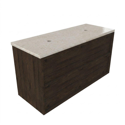 Saniclass Holz Frame Badkamermeubelset - 120x45x63cm - Travertine natuurstenen topblad - zonder kraangat - 2 lades - mat eiken charcoal (hout) SW1580037