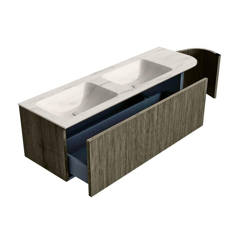 MONDIAZ KURVE-DLUX Meuble de salle de bains 145cm arrondi à droite couleur Shadow avec 1 tiroir et 1 porte. Lavabo LEAF Double / Gauche 2 trous de robinet Meli. SW1431832