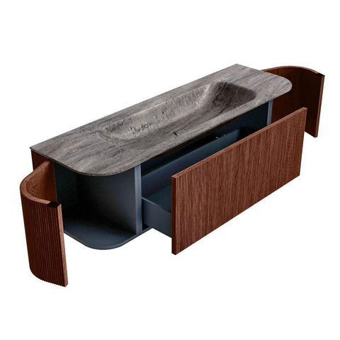 MONDIAZ KURVE-DLUX 150cm badmeubel ronding Links + Rechts kleur Ruby met 1 lade en 2 deuren. Wastafel BIG MEDIUM Midden zonder kraangat Oza. SW1432787