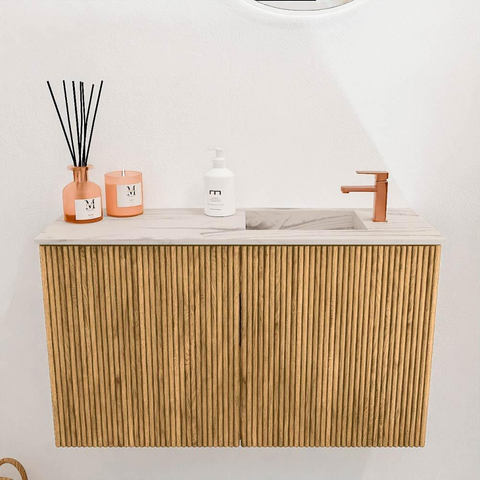 Mondiaz JOYA-DLUX 70cm toiletmeubel - kleur Oak - Wastafel FAYE positie Rechts 1 kraangat kleur Nata. SW1424016